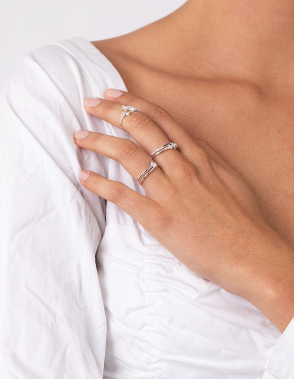 Silver Cubic Zirconia Flower 5-Pack Rings