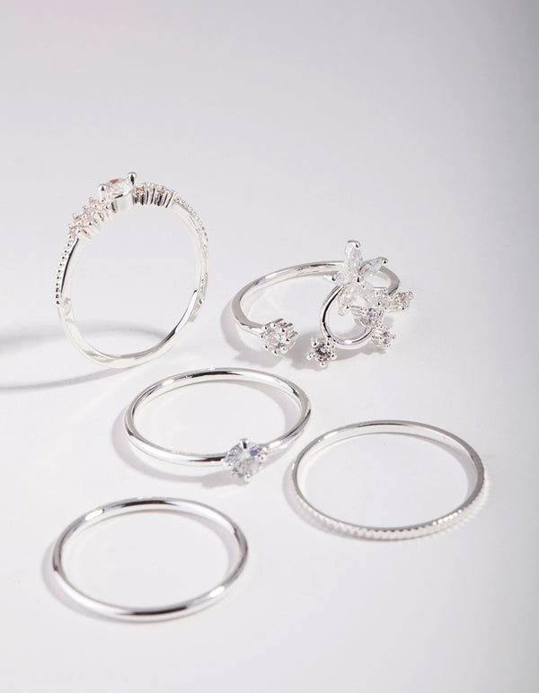 Silver Cubic Zirconia Flower 5-Pack Rings