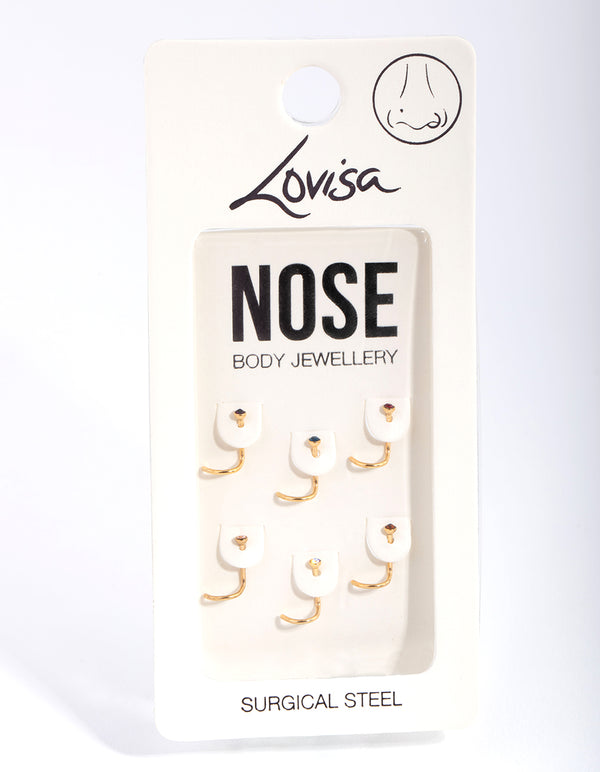 Surgical Steel Gold Classic Gem Nose Stud 6-Pack