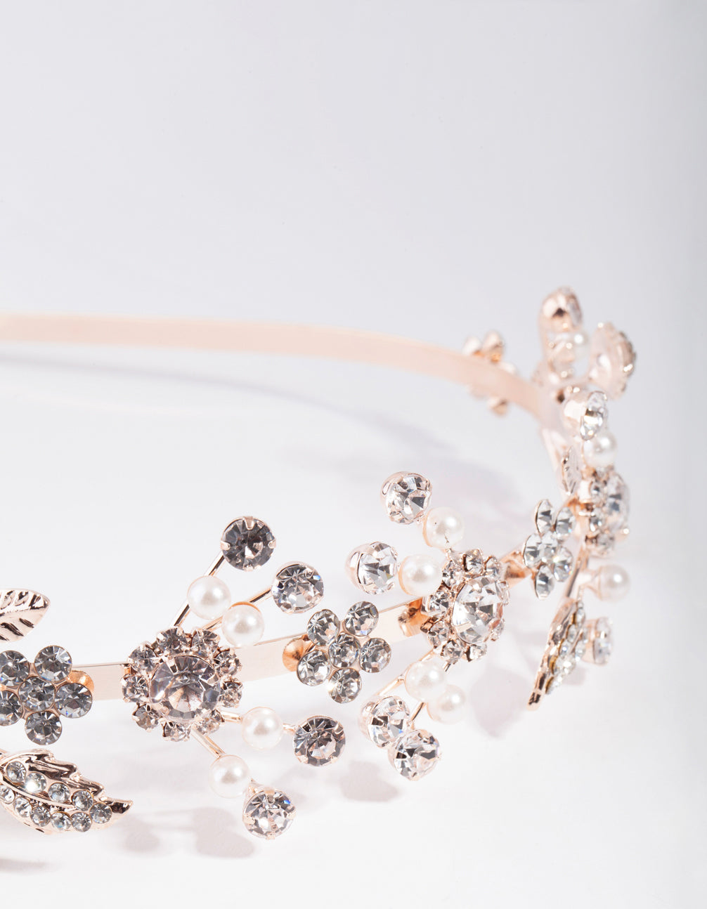 Rose Gold Leaf Diamante Pearl Spray Headband