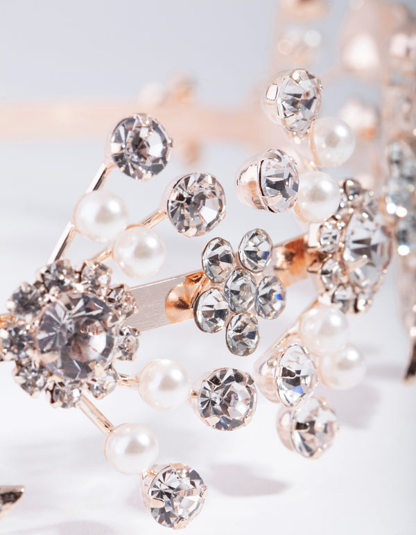 Rose Gold Leaf Diamante Pearl Spray Headband