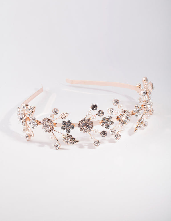 Rose Gold Leaf Diamante Pearl Spray Headband