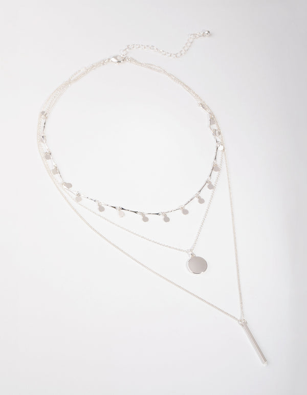 Silver Fine Drop & Bar 3-Row Necklace