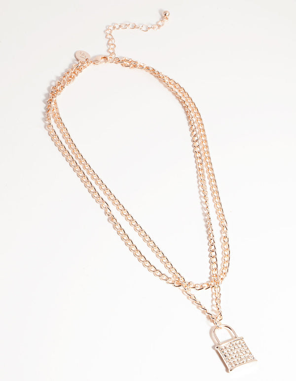 Rose Gold Multi-Row Diamante Padlock Necklace