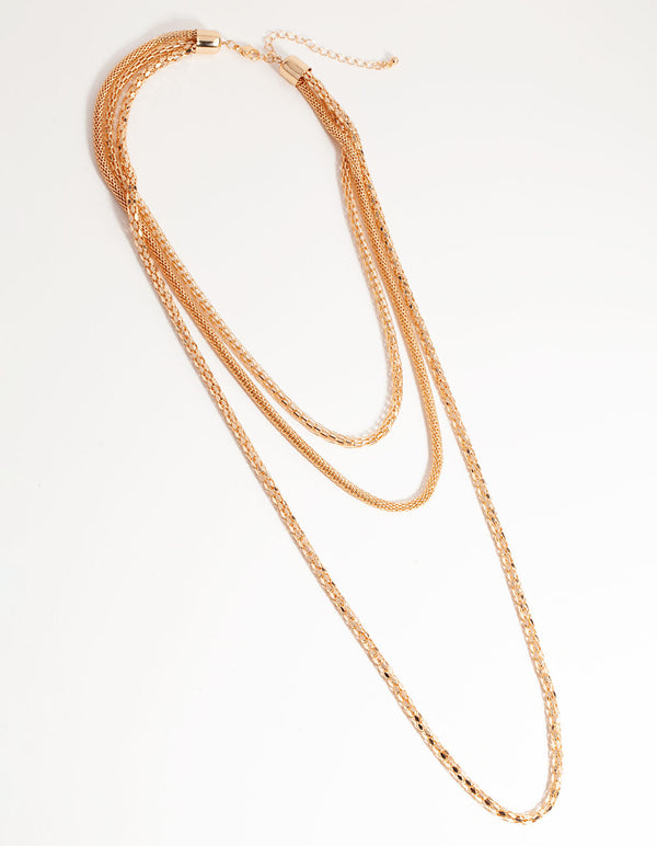 Gold Long Mesh Chain 3-Row Necklace