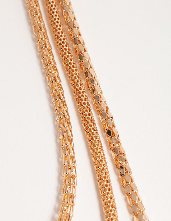 Gold Long Mesh Chain 3-Row Necklace