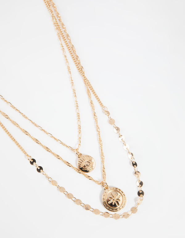Gold Short Eye Coin 3-Row Necklace