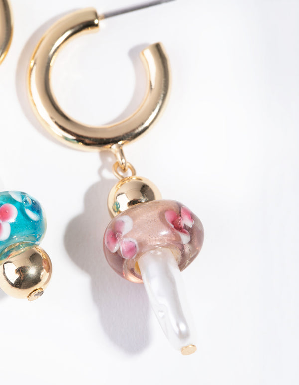 Gold Pearly Mushroom Hoop Earrings
