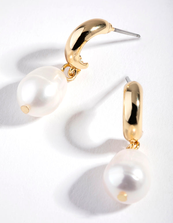 Gold Freshwater Pearl Drop Huggie Earrings
