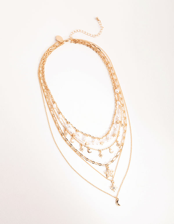 Gold Pearl Drop Celestial 5-Row Necklace
