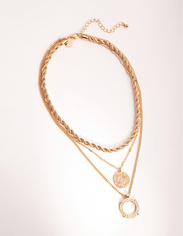 Gold Greek Key Disc Layered Necklace