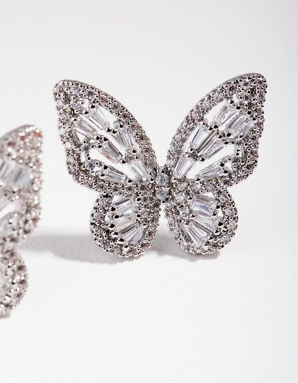 Large Silver Diamond Simulant Butterfly Earrings