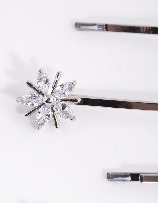 Silver Cubic Zirconia Flower Mix Hair Slide 4-Pack
