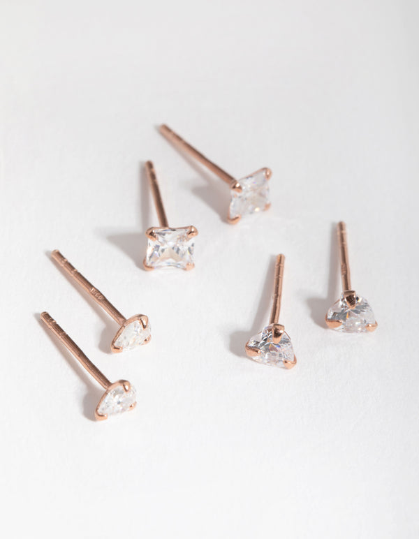 Sterling Silver Rose Gold Statement Cubic Zirconia Stud Pack Earring