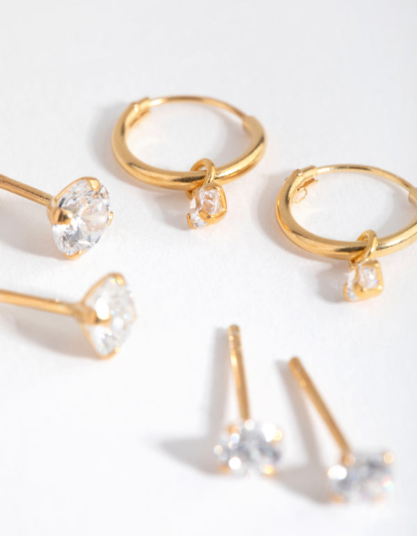 Gold Plated Sterling Silver Cubic Zirconia Stud & Hoop Pack Earring