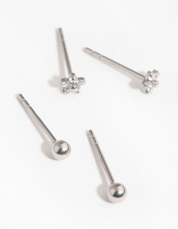 Surgical Steel Flower & Ball Pack Stud Earrings