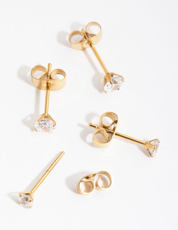 24 Carat Gold Plated Surgical Steel Round Cubic Zirconia Pack Stud Earrings
