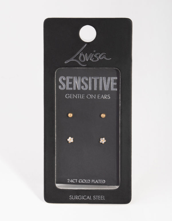 24 Carat Gold Plated Surgical Steel Flower & Ball Pack Stud Earrings