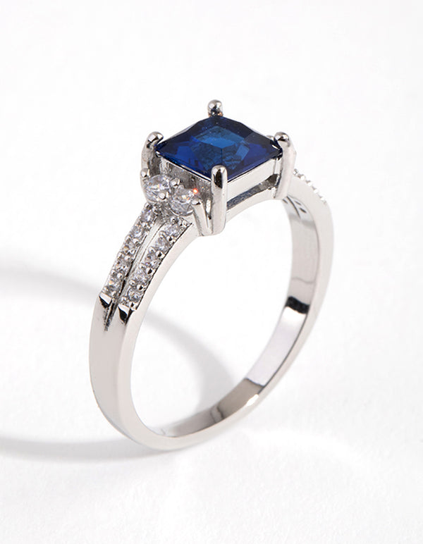 Silver Cubic Zirconia Square Station Double Band Ring