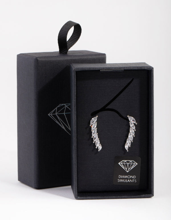 Silver Diamond Simulant Cubic Zirconia Marquaise Crawler Earrings