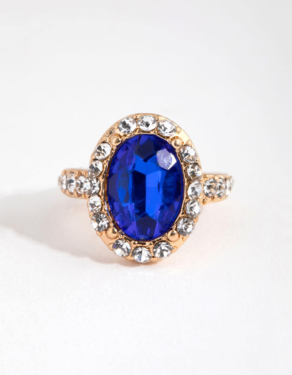 Gold Diamante Surrounded Blue Stone Ring