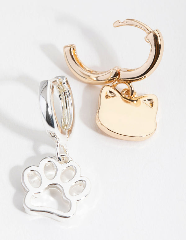 Mixed Metal Cat & Paw Huggie Earrings