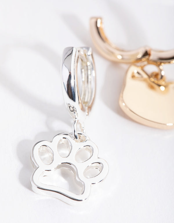 Mixed Metal Cat & Paw Huggie Earrings