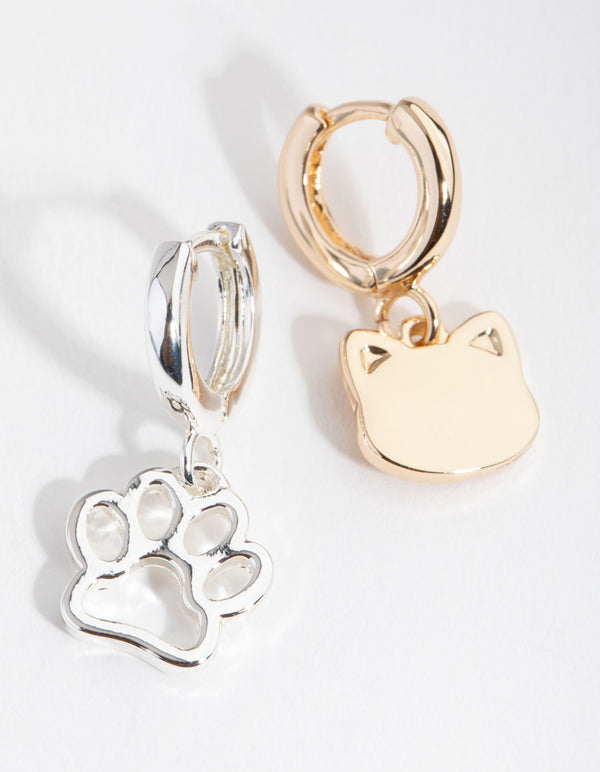 Mixed Metal Cat & Paw Huggie Earrings