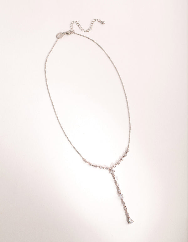 Silver Cubic Zirconia Pear Cut Y-Neck Necklace