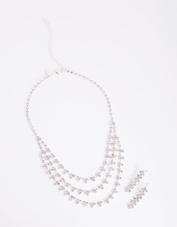 Silver Trio Diamante Earring & Necklace Set