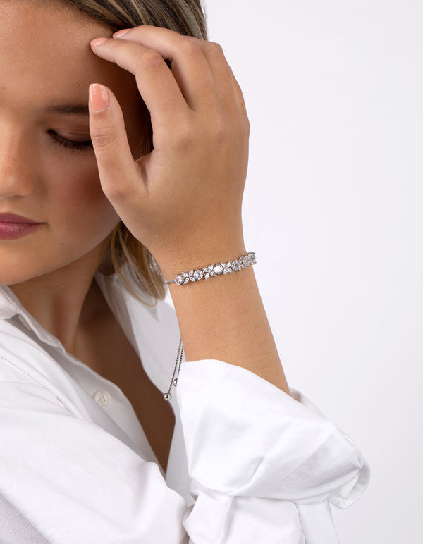 Silver Cubic Zirconia Navette Flower Toggle Tennis Bracelet