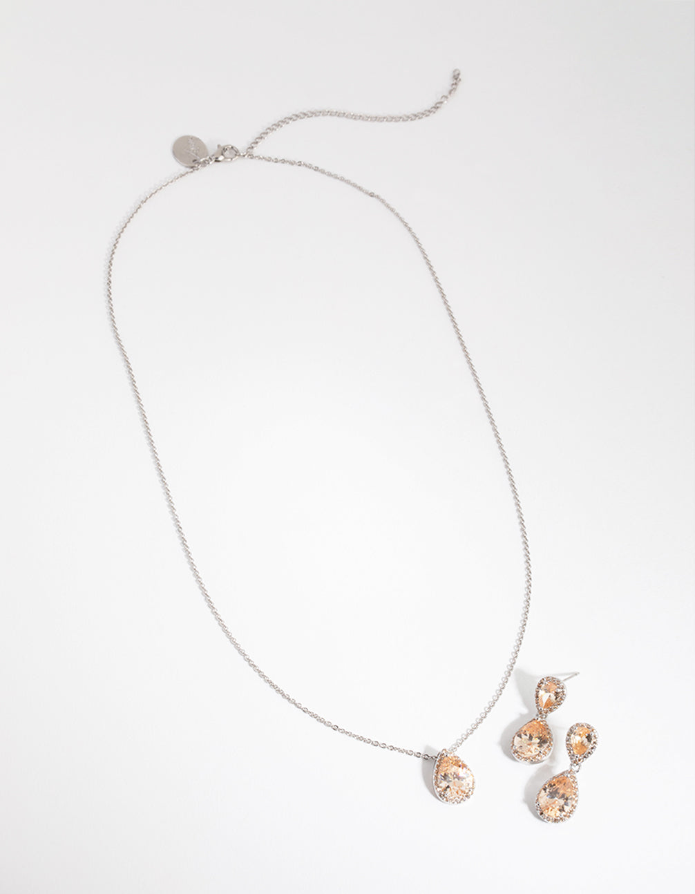 Silver Diamond Simulant Double Teardrop Necklace & Earrings Set