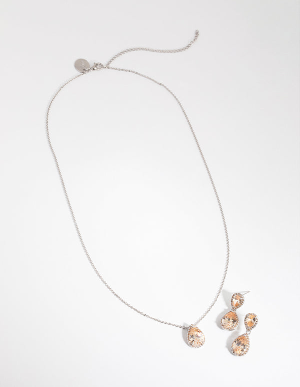 Silver Diamond Simulant Double Teardrop Necklace & Earrings Set