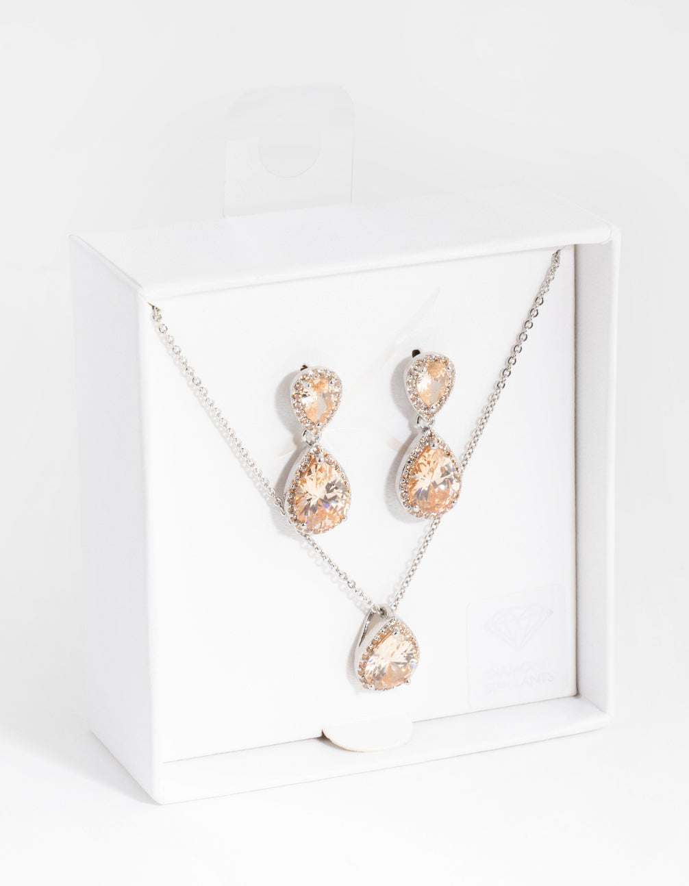 Silver Diamond Simulant Double Teardrop Necklace & Earrings Set