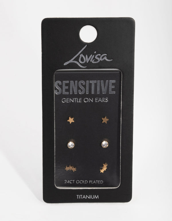 24 Carat Gold Plated Titanium Star Pack Stud Earrings