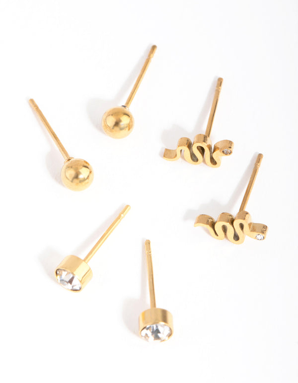 24 Carat Gold Plated Titanium Snake Stud Pack Earrings