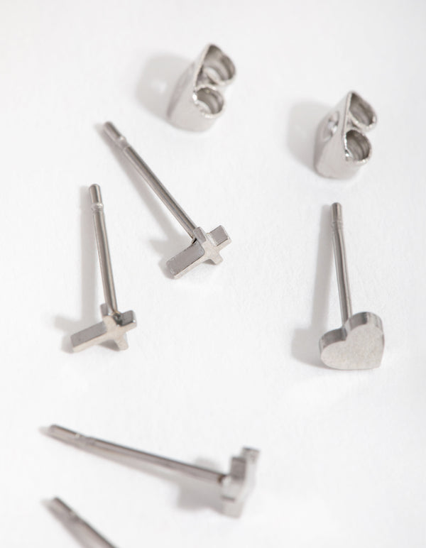 Titanium Star Heart & Cross Pack Stud Earrings