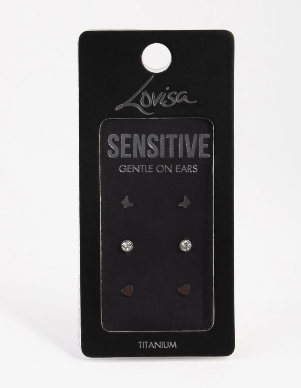 Titanium Heart & Butterfly Pack Stud Earrings