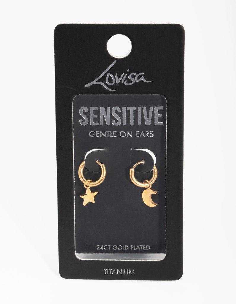 24 Carat Gold Plated Titanium Star Moon Huggie Earrings Lovisa