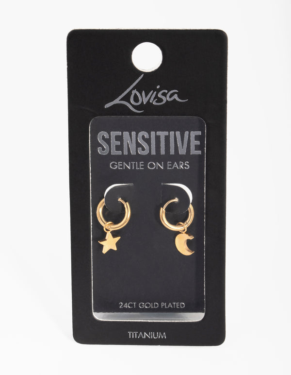 24 Carat Gold Plated Titanium Star & Moon Huggie Earrings