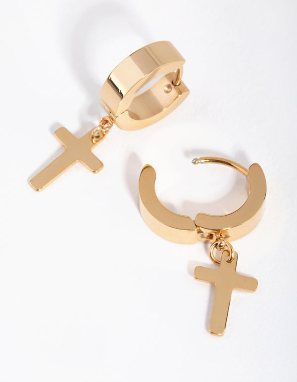 24 Carat Gold Plated Titanium Cross Huggie Earrings