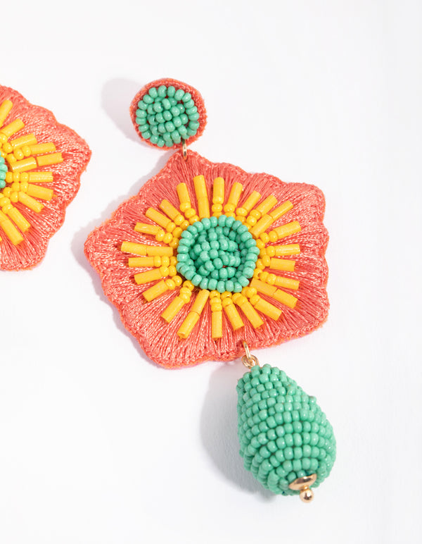 Seed Bead Statement Flower Drop Earrings