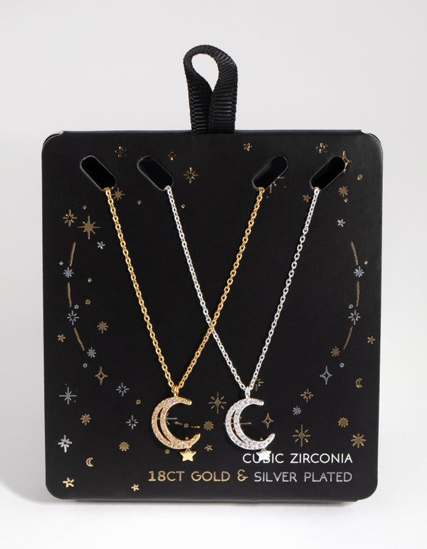 18ct Gold & Silver Plated Moon & Star Necklace Set