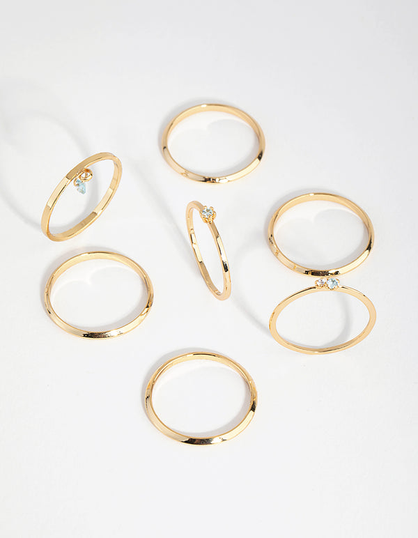 18ct Gold Plated Aquamarine Cubic Zirconia March Ring 7-Pack