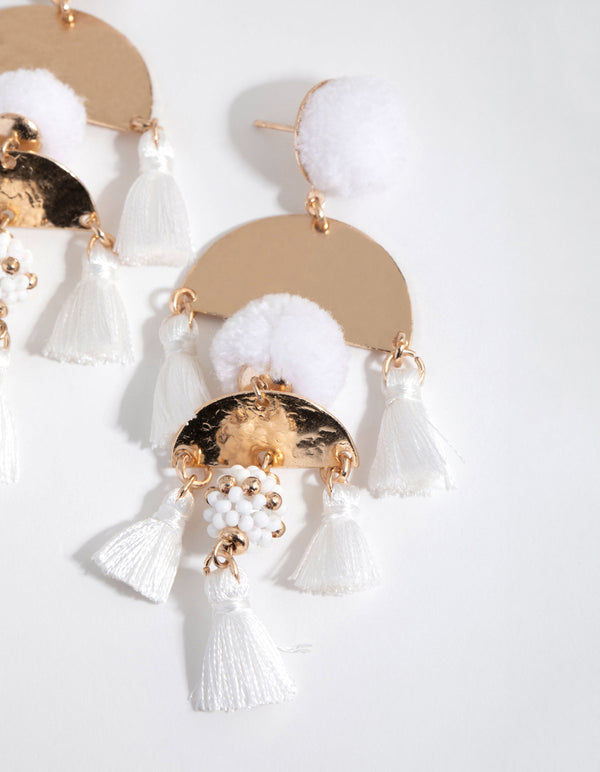 White Pom Pom Tassel Drop Earrings