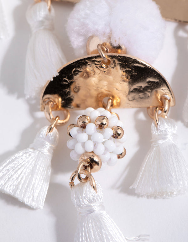 White Pom Pom Tassel Drop Earrings