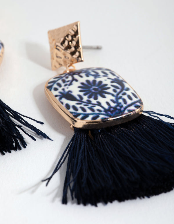 Gold Ceramic & Tassel Drop Earrings