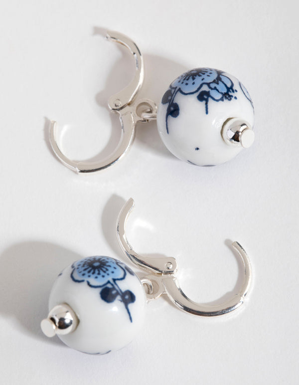 Silver Ceramic Bead Huggie Earrings