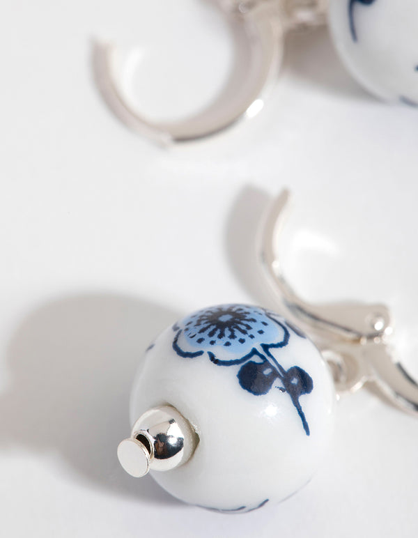 Silver Ceramic Bead Huggie Earrings