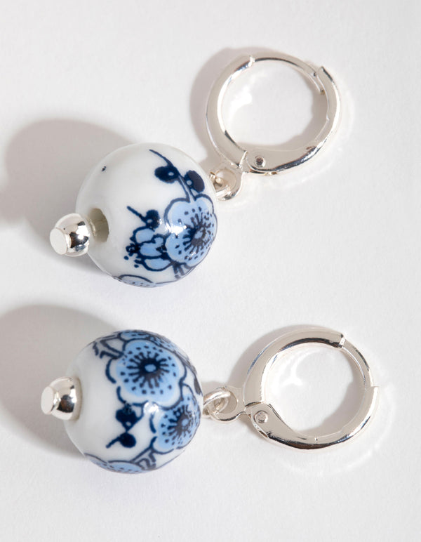 Silver Ceramic Bead Huggie Earrings